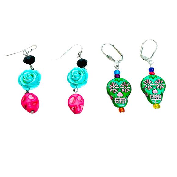 Sugar Skull Day of the Dead Colorful Dangle Earrings - Picture 4 of 4